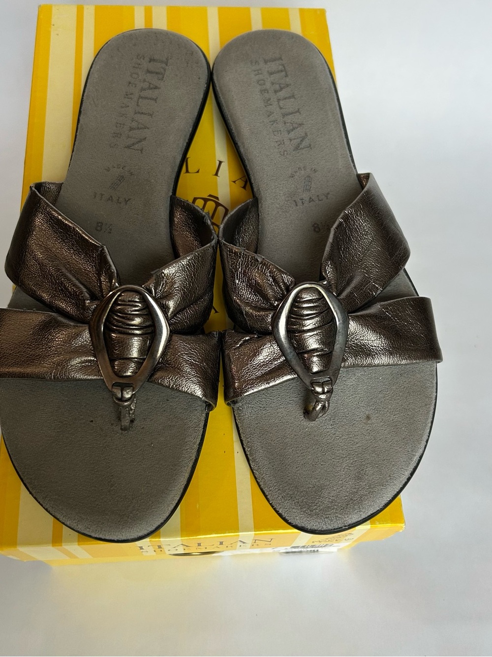 Italian Shoemakers Pewter Leather Slide Sandals